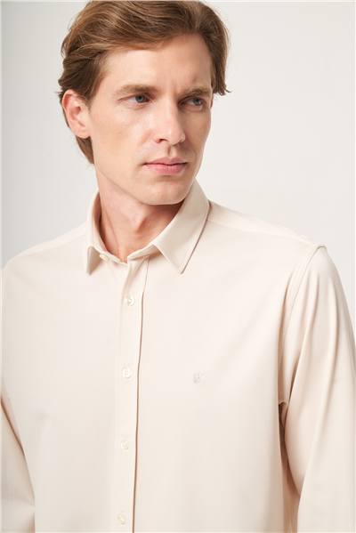 Taş Rengi Yumuşak Yaka Örme Performans Slim Fit Esnek Gömlek 1004265170