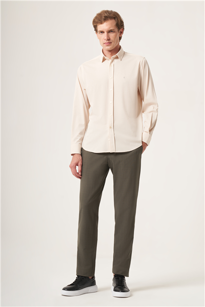 Taş Rengi Yumuşak Yaka Örme Performans Slim Fit Esnek Gömlek 1004265170