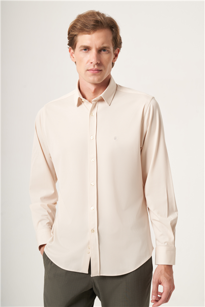 Taş Rengi Yumuşak Yaka Örme Performans Slim Fit Esnek Gömlek 1004265170