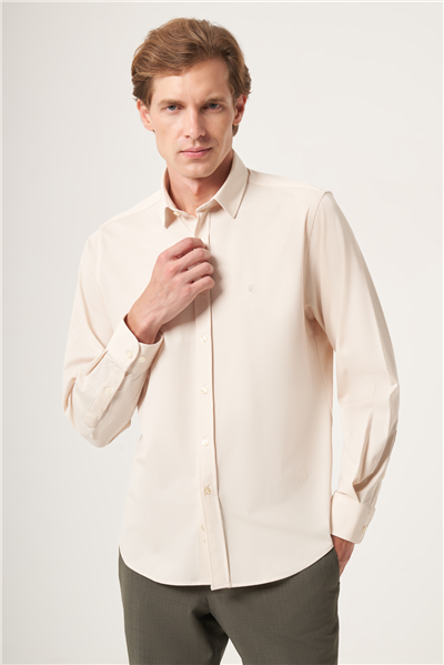 Taş Rengi Yumuşak Yaka Örme Performans Slim Fit Esnek Gömlek 1004265170