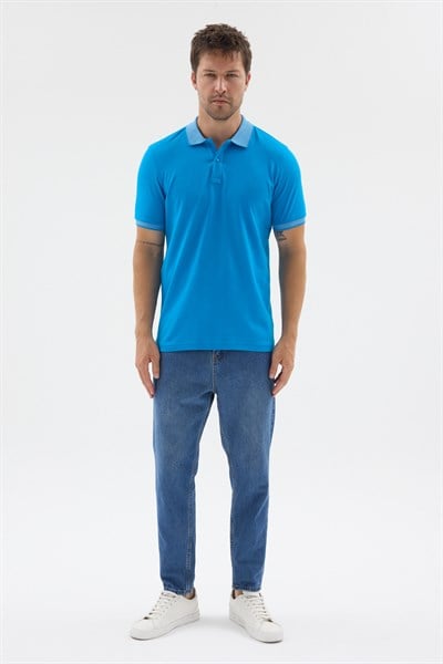 Turkuaz Polo Yaka Pike Kısa Kol Slim Fit %100 Pamuk Tişört 1011260171