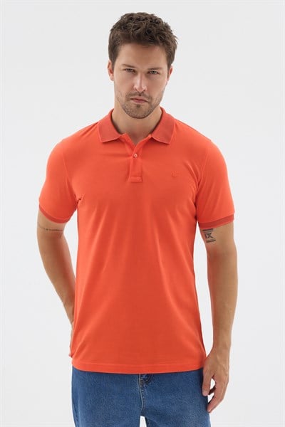 Turuncu Polo Yaka Pike Kısa Kol Slim Fit %100 Pamuk Tişört 1011260171