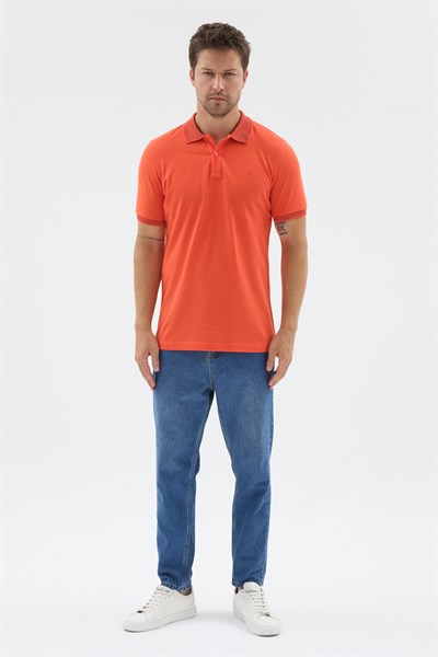 Turuncu Polo Yaka Pike Kısa Kol Slim Fit %100 Pamuk Tişört 1011260171