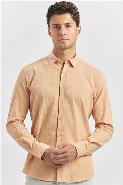 Turuncu Uzun Kollu Gofreli Biyeli %100 Pamuk Casual Slim Fit Dar Kesim Gömlek 1004240247