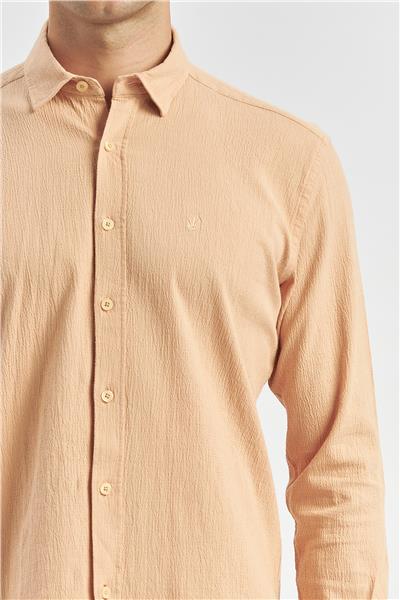 Turuncu Uzun Kollu Gofreli Biyeli %100 Pamuk Casual Slim Fit Dar Kesim Gömlek 1004240247