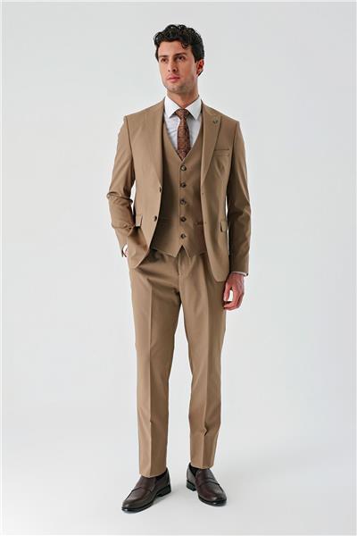 Tütün Gabardin Kırlangıç Yaka Yelekli Likralı 6 Drop Slim Fit Klasik Takım Elbise 1001240188