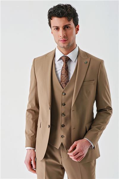 Tütün Gabardin Kırlangıç Yaka Yelekli Likralı 6 Drop Slim Fit Klasik Takım Elbise 1001240188