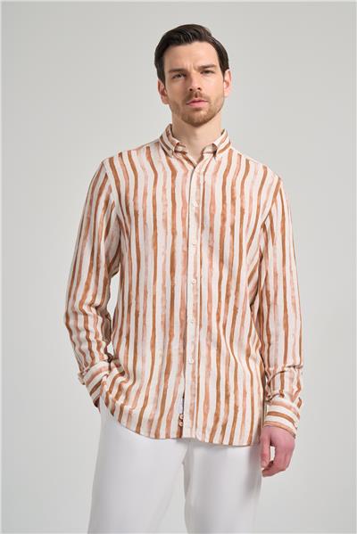 Uzun Kol Baskılı Bez Ayağı Düğmeli Yaka Cepsiz Keten Karışımlı Casual Comfort Fit Gömlek 1004250139