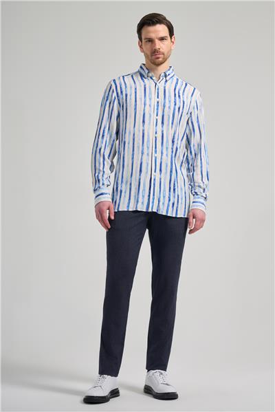 Uzun Kol Baskılı Bez Ayağı Düğmeli Yaka Cepsiz Keten Karışımlı Casual Comfort Fit Gömlek 1004250139