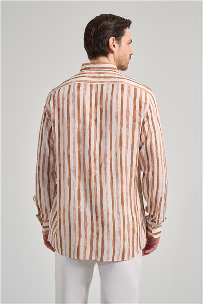 Uzun Kol Baskılı Bez Ayağı Düğmeli Yaka Cepsiz Keten Karışımlı Casual Comfort Fit Gömlek 1004250139
