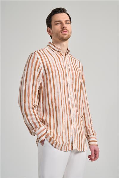 Uzun Kol Baskılı Bez Ayağı Düğmeli Yaka Cepsiz Keten Karışımlı Casual Comfort Fit Gömlek 1004250139
