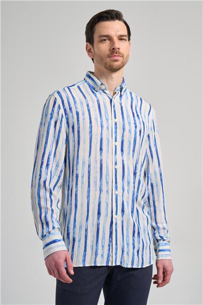 Uzun Kol Baskılı Bez Ayağı Düğmeli Yaka Cepsiz Keten Karışımlı Casual Comfort Fit Gömlek 1004250139