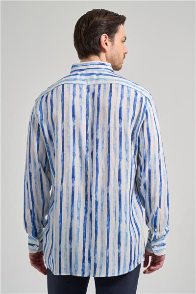 Uzun Kol Baskılı Bez Ayağı Düğmeli Yaka Cepsiz Keten Karışımlı Casual Comfort Fit Gömlek 1004250139