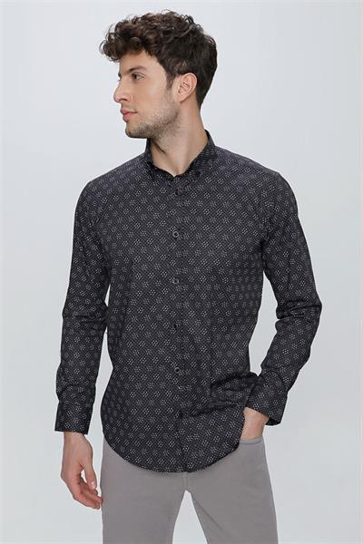 Siyah Uzun Kol Klasik Slim Fit Pamuklu Likralı Gömlek 1004225244