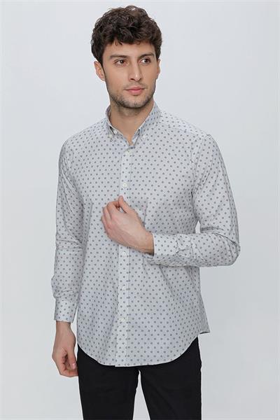 Gri Uzun Kol Klasik Slim Fit Pamuklu Likralı Gömlek 1004225247