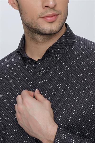 Siyah Uzun Kol Klasik Slim Fit Pamuklu Likralı Gömlek 1004225244