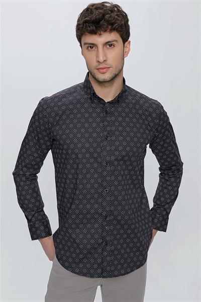 Siyah Uzun Kol Klasik Slim Fit Pamuklu Likralı Gömlek 1004225244