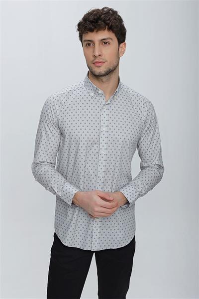 Gri Uzun Kol Klasik Slim Fit Pamuklu Likralı Gömlek 1004225247