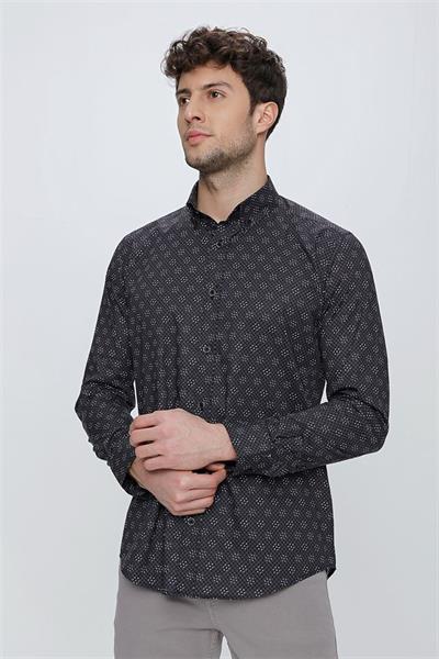Siyah Uzun Kol Klasik Slim Fit Pamuklu Likralı Gömlek 1004225244