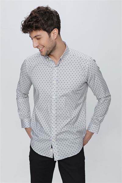 Gri Uzun Kol Klasik Slim Fit Pamuklu Likralı Gömlek 1004225247