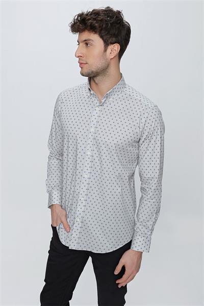 Gri Uzun Kol Klasik Slim Fit Pamuklu Likralı Gömlek 1004225247