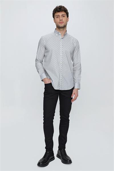 Gri Uzun Kol Klasik Slim Fit Pamuklu Likralı Gömlek 1004225247