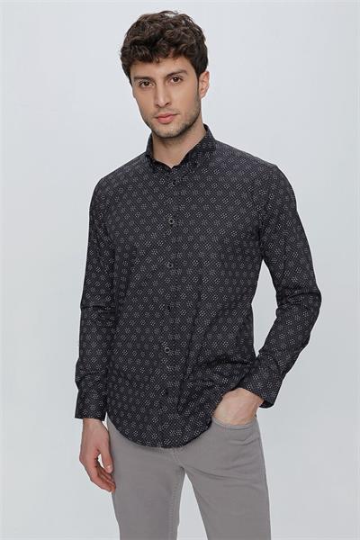 Siyah Uzun Kol Klasik Slim Fit Pamuklu Likralı Gömlek 1004225244