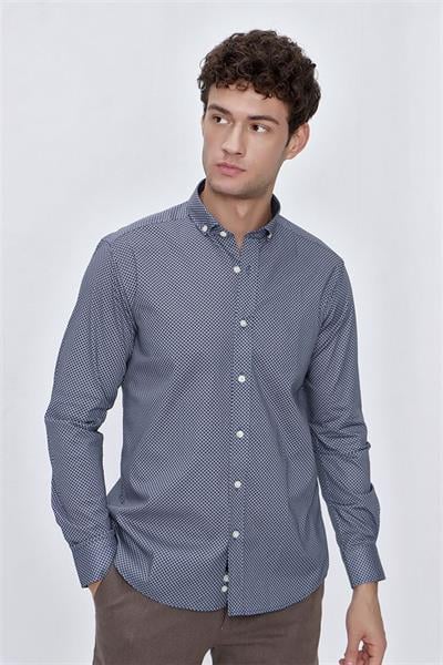 İndigo Mavi Uzun Kol Gömlek Yaka Klasik Slim Fit Pamuklu Likralı Gömlek 1004225207