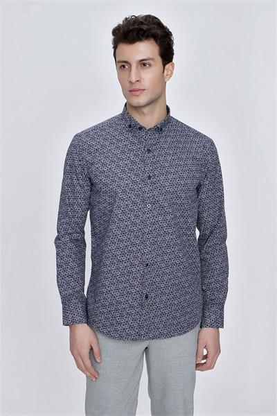 Koyu Lacivert Uzun Kol Gömlek Yaka Klasik Slim Fit Pamuklu Gömlek 1004225223