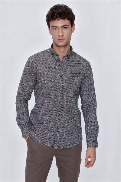 Kahverengi Uzun Kol Gömlek Yaka Klasik Slim Fit Pamuklu Gömlek 1004225223