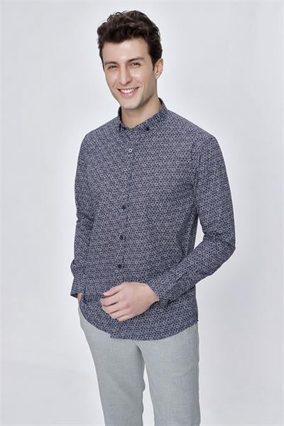 Koyu Lacivert Uzun Kol Gömlek Yaka Klasik Slim Fit Pamuklu Gömlek 1004225223