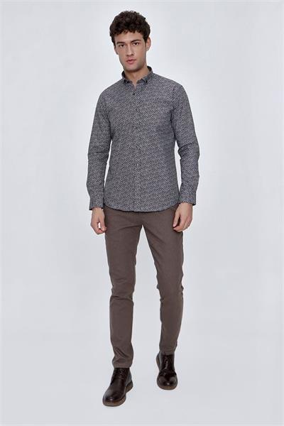 Kahverengi Uzun Kol Gömlek Yaka Klasik Slim Fit Pamuklu Gömlek 1004225223