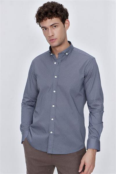 İndigo Mavi Uzun Kol Gömlek Yaka Klasik Slim Fit Pamuklu Likralı Gömlek 1004225207