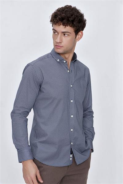 İndigo Mavi Uzun Kol Gömlek Yaka Klasik Slim Fit Pamuklu Likralı Gömlek 1004225207