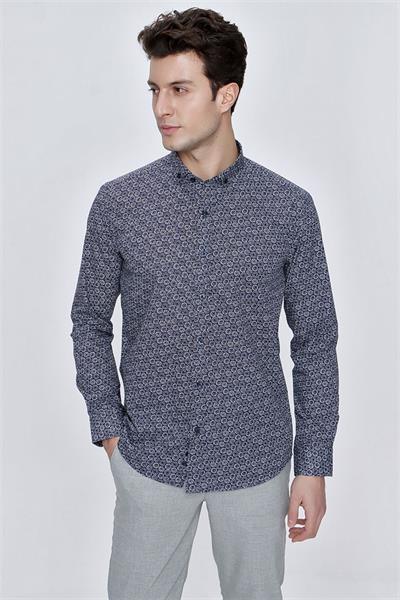 Koyu Lacivert Uzun Kol Gömlek Yaka Klasik Slim Fit Pamuklu Gömlek 1004225223