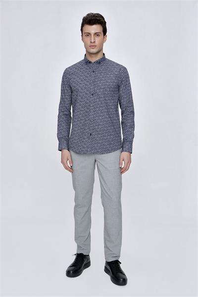 Koyu Lacivert Uzun Kol Gömlek Yaka Klasik Slim Fit Pamuklu Gömlek 1004225223