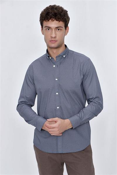 İndigo Mavi Uzun Kol Gömlek Yaka Klasik Slim Fit Pamuklu Likralı Gömlek 1004225207