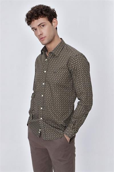 Koyu Haki Uzun Kol baskılı Sert Yaka  %97 Pamuk Slim Fit Dar Kesim Klasik Gömlek 1004225140