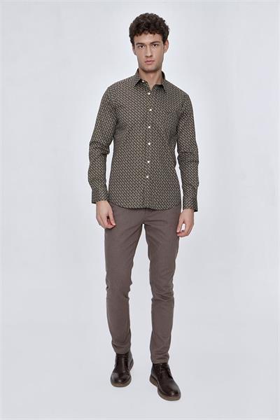 Koyu Haki Uzun Kol baskılı Sert Yaka  %97 Pamuk Slim Fit Dar Kesim Klasik Gömlek 1004225140
