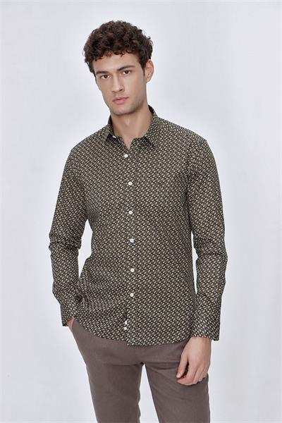Koyu Haki Uzun Kol baskılı Sert Yaka  %97 Pamuk Slim Fit Dar Kesim Klasik Gömlek 1004225140
