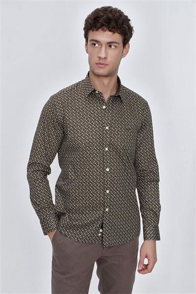Koyu Haki Uzun Kol baskılı Sert Yaka  %97 Pamuk Slim Fit Dar Kesim Klasik Gömlek 1004225140