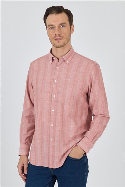 Pembe Kol Çizgili Desen Armürlü Düğmeli Yaka cepli Pamuklu Classic Comfort Fit Gömlek 1004250157