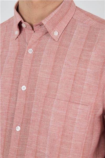 Pembe Kol Çizgili Desen Armürlü Düğmeli Yaka cepli Pamuklu Classic Comfort Fit Gömlek 1004250157