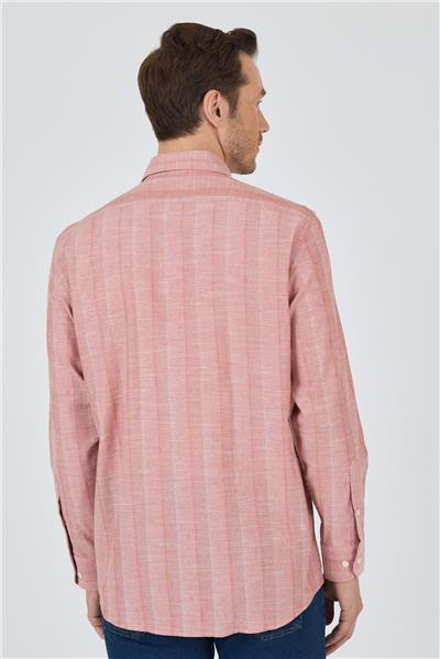 Pembe Kol Çizgili Desen Armürlü Düğmeli Yaka cepli Pamuklu Classic Comfort Fit Gömlek 1004250157