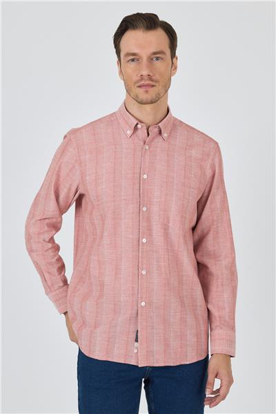 Pembe Kol Çizgili Desen Armürlü Düğmeli Yaka cepli Pamuklu Classic Comfort Fit Gömlek 1004250157
