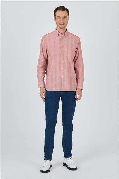 Pembe Kol Çizgili Desen Armürlü Düğmeli Yaka cepli Pamuklu Classic Comfort Fit Gömlek 1004250157