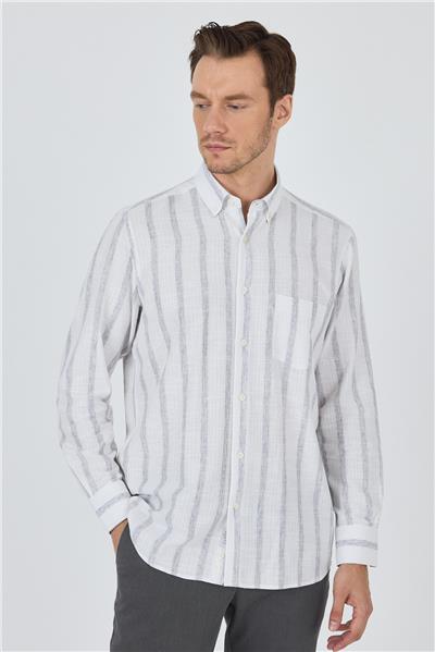 Uzun Kol Çizgili Desen Bez Ayağı Düğmeli Yaka cepli Pamuklu Casual Comfort Fit Gömlek 1004250190