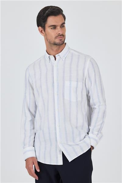 Uzun Kol Çizgili Desen Bez Ayağı Düğmeli Yaka cepli Pamuklu Casual Comfort Fit Gömlek 1004250190