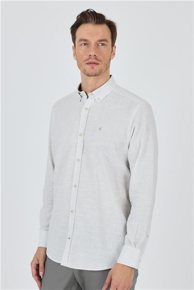 Beyaz Kol Çizgili Desen Bez Ayağı Düğmeli Yaka Cepsiz Pamuklu Classic Comfort Fit Gömlek 1004250198