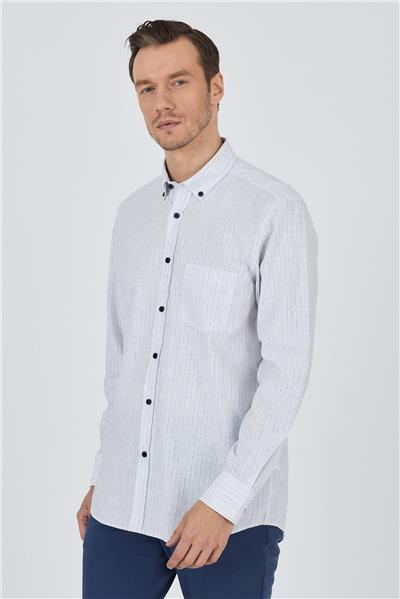 Mavi Kol Çizgili Desen Bez Ayağı Düğmeli Yaka cepli Pamuklu Casual Comfort Fit Gömlek 1004250100